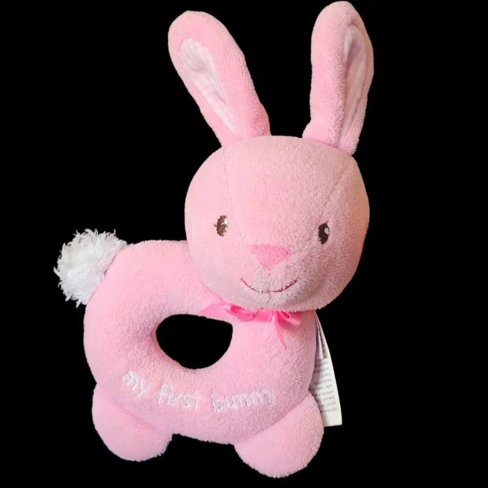 Baby Girl Pink My First‎ Bunny Rattle Plush Toy Gift By Prestige Plaid Ears